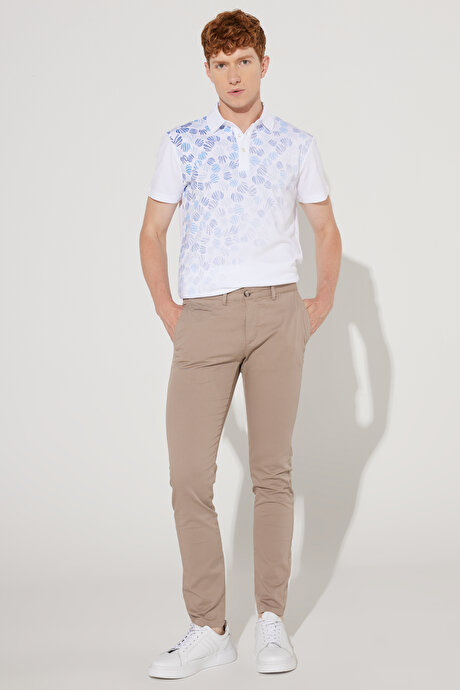 Slim Fit Dar Kesim Yan Cepli Pamuklu Diyagonal Desenli Esnek Bej Chino Pantolon resmi