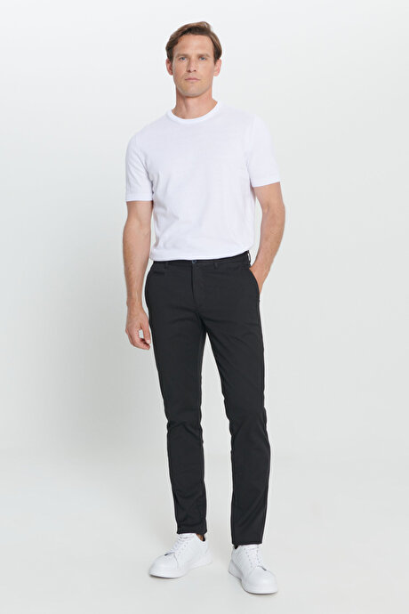 Slim Fit Dar Kesim Yan Cepli Pamuklu Diyagonal Desenli Esnek Siyah Chino Pantolon resmi