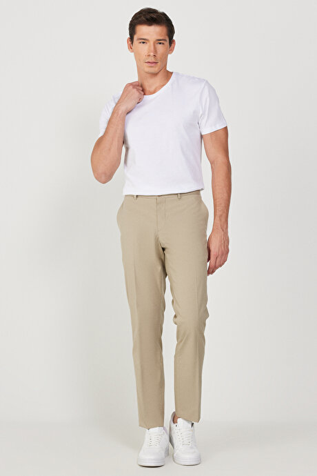 Slim Fit Dar Kesim Yan Cepli Esnek Bej Pantolon resmi