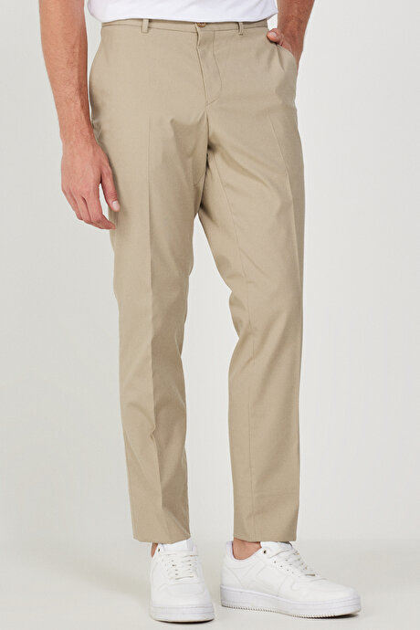 Slim Fit Dar Kesim Yan Cepli Esnek Bej Pantolon resmi