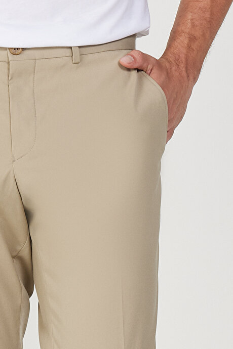 Slim Fit Dar Kesim Yan Cepli Esnek Bej Pantolon resmi