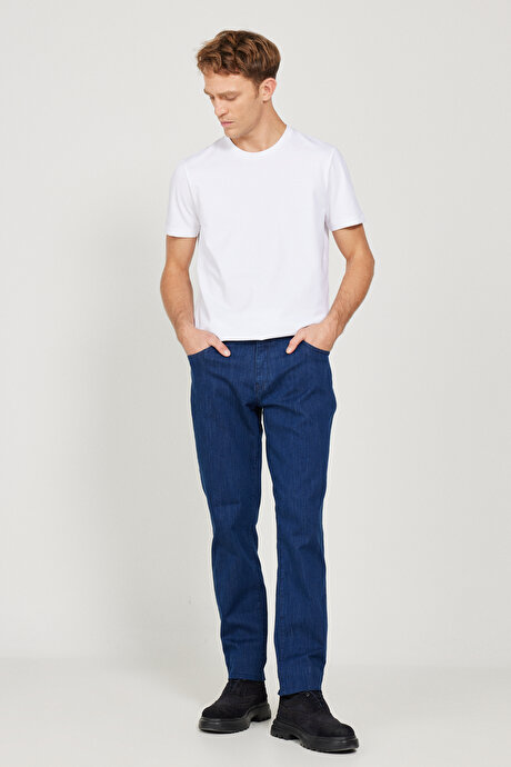 Slim Fit Dar Kesim 5 Cep Pamuklu Jean Kot Mavi Denim Pantolon resmi