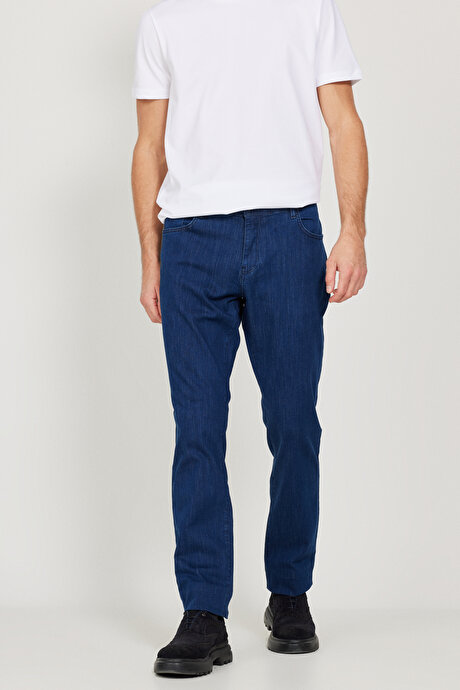 Slim Fit Dar Kesim 5 Cep Pamuklu Jean Kot Mavi Denim Pantolon resmi