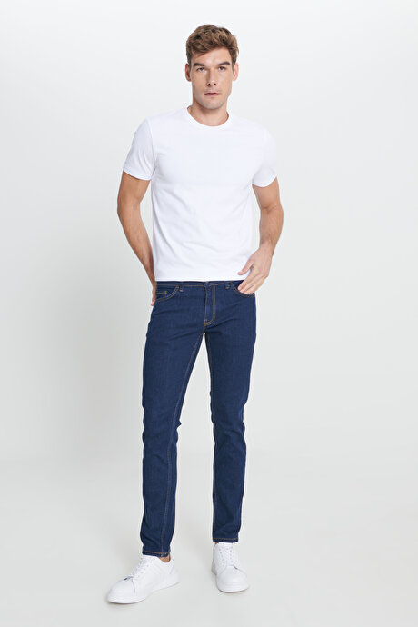 Slim Fit Dar Kesim 5 Cep Esnek Jean Kot Koyu Lacivert Denim Pantolon resmi