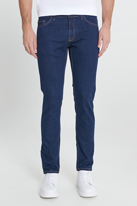 Slim Fit Dar Kesim 5 Cep Esnek Jean Kot Koyu Lacivert Denim Pantolon resmi