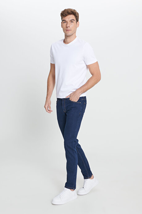 Slim Fit Dar Kesim 5 Cep Esnek Jean Kot Koyu Lacivert Denim Pantolon resmi