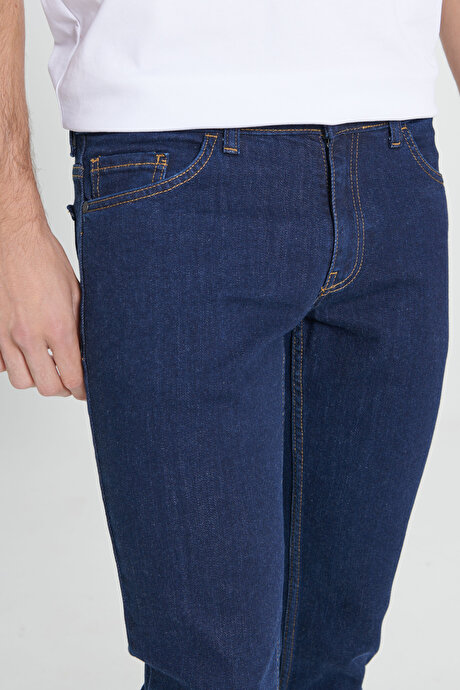 Slim Fit Dar Kesim 5 Cep Esnek Jean Kot Koyu Lacivert Denim Pantolon resmi