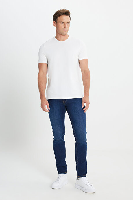 Slim Fit Dar Kesim 5 Cep Esnek Jean Kot Koyu Lacivert Denim Pantolon resmi