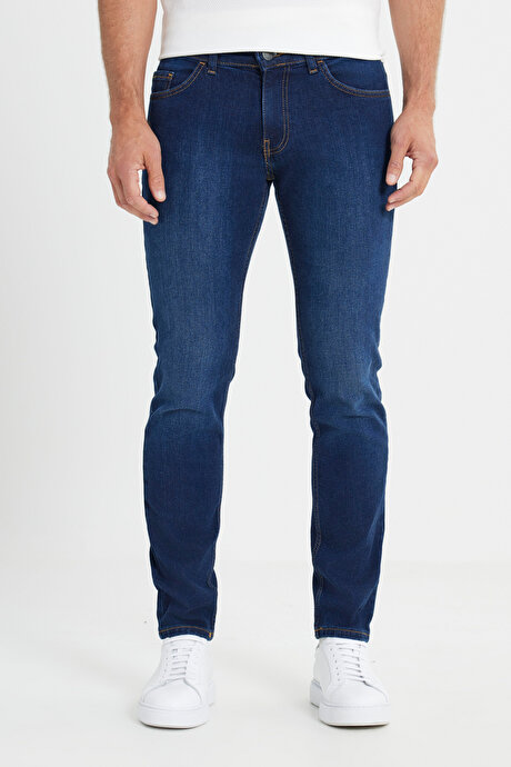 Slim Fit Dar Kesim 5 Cep Esnek Jean Kot Koyu Lacivert Denim Pantolon resmi