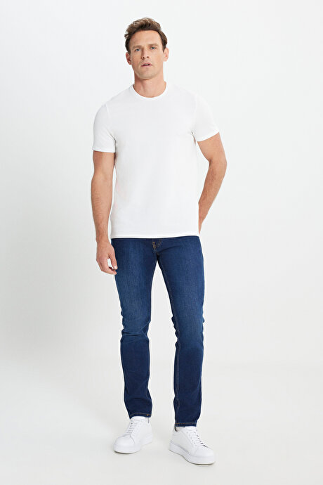 Slim Fit Dar Kesim 5 Cep Esnek Jean Kot Koyu Lacivert Denim Pantolon resmi