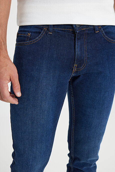 Slim Fit Dar Kesim 5 Cep Esnek Jean Kot Koyu Lacivert Denim Pantolon resmi