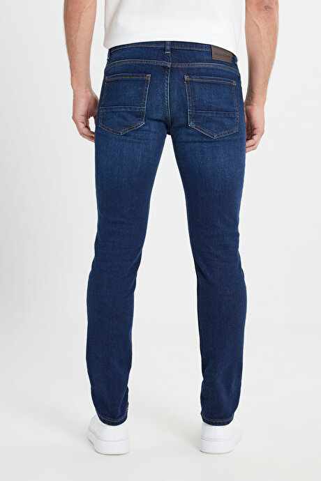 Slim Fit Dar Kesim 5 Cep Esnek Jean Kot Koyu Lacivert Denim Pantolon resmi