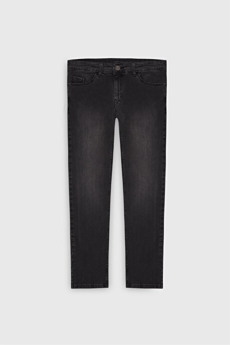 Slim Fit Dar Kesim 5 Cep Esnek Jean Kot Gri Denim Pantolon resmi