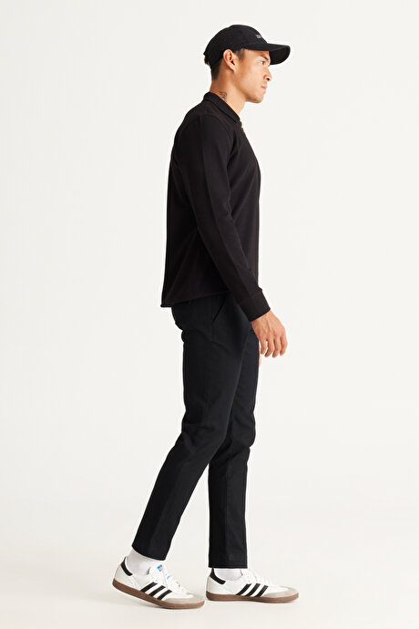 Slim Fit Dar Kesim Pamuklu Esnek Rahat Armürlü Siyah Pantolon resmi