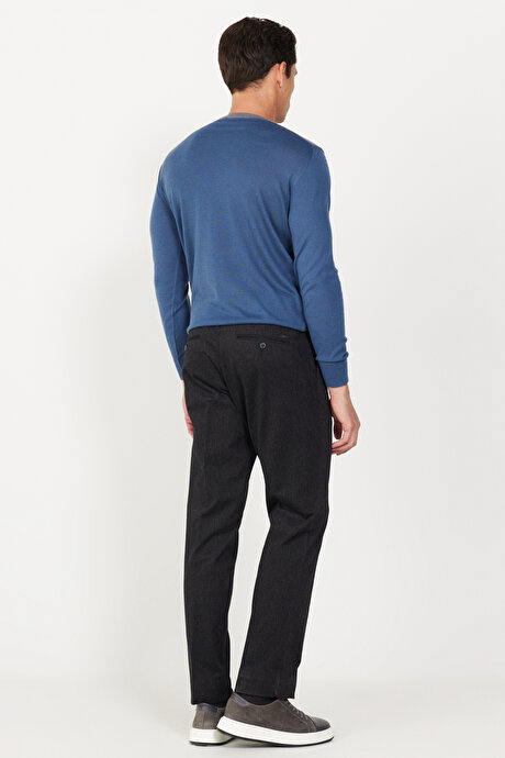 Comfort Fit Rahat Kesim Yan Cepli Pamuklu Diyagonal Desenli Siyah Pantolon resmi