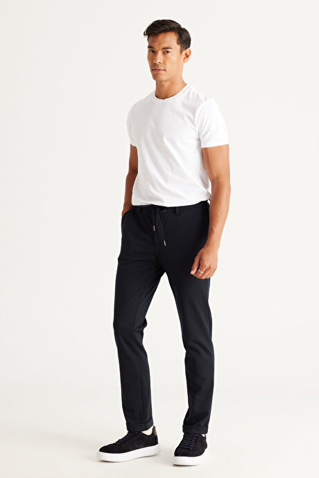 Slim Fit Dar Kesim Yan Cepli Beli Lastikli Bağlamalı Lacivert Pantolon resmi