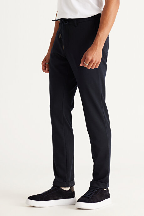 Slim Fit Dar Kesim Yan Cepli Beli Lastikli Bağlamalı Lacivert Pantolon resmi