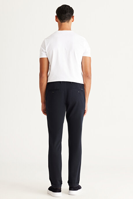 Slim Fit Dar Kesim Yan Cepli Beli Lastikli Bağlamalı Lacivert Pantolon resmi