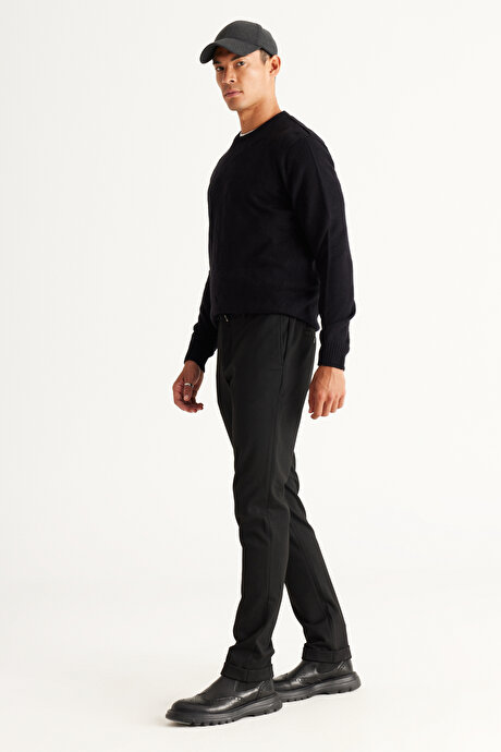 Slim Fit Dar Kesim Yan Cepli Beli Lastikli Bağlamalı Siyah Pantolon resmi