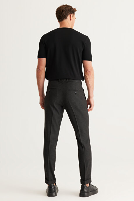 Slim Fit Dar Kesim Kuş Gözü Desenli Esnek Beli Lastikli Bağlamalı Antrasit Pantolon resmi