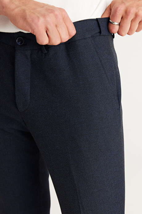 Slim Fit Dar Kesim Kuş Gözü Desenli Esnek Beli Lastikli Bağlamalı Lacivert Pantolon resmi