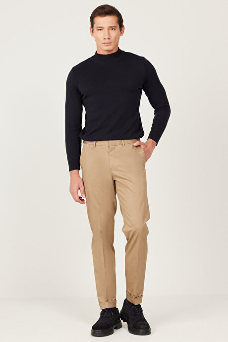 Slim Fit Dar Kesim Gabardin Kumaş Desenli Pamuklu Esnek Beli Lastikli Camel Pantolon resmi