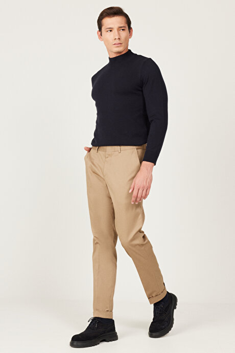 Slim Fit Dar Kesim Gabardin Kumaş Desenli Pamuklu Esnek Beli Lastikli Camel Pantolon resmi