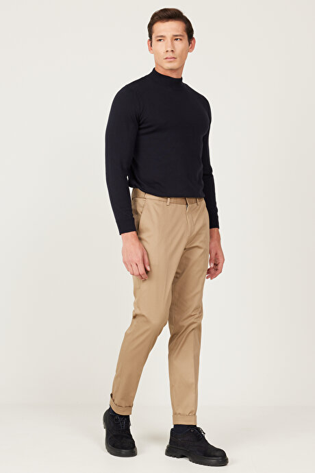 Slim Fit Dar Kesim Gabardin Kumaş Desenli Pamuklu Esnek Beli Lastikli Camel Pantolon resmi