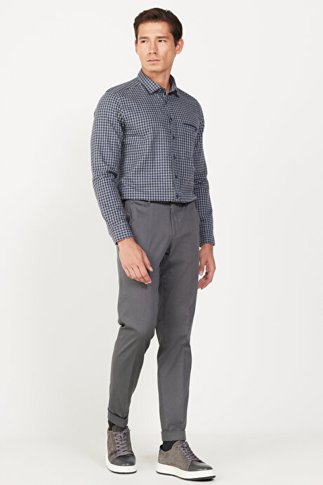 Slim Fit Dar Kesim Gabardin Kumaş Desenli Pamuklu Esnek Beli Lastikli Gri Pantolon resmi