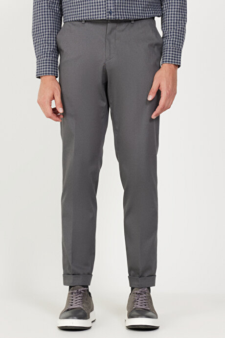 Slim Fit Dar Kesim Gabardin Kumaş Desenli Pamuklu Esnek Beli Lastikli Gri Pantolon resmi