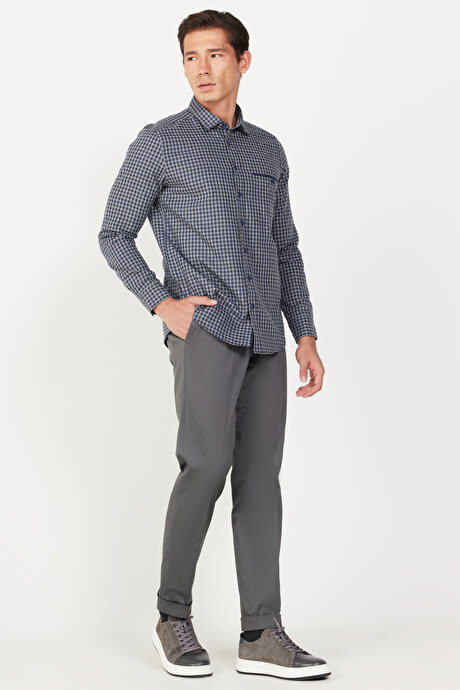 Slim Fit Dar Kesim Gabardin Kumaş Desenli Pamuklu Esnek Beli Lastikli Gri Pantolon resmi