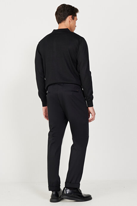Slim Fit Dar Kesim Gabardin Kumaş Desenli Pamuklu Esnek Beli Lastikli Siyah Pantolon resmi