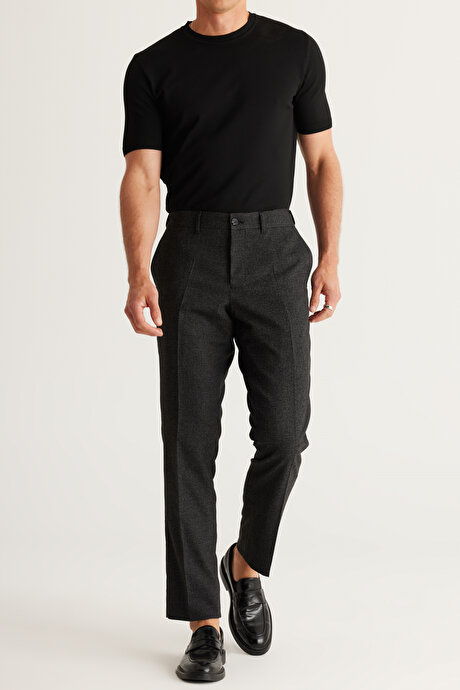 Comfort Fit Rahat Kesim Beli Lastikli Desenli Esnek Siyah Pantolon resmi