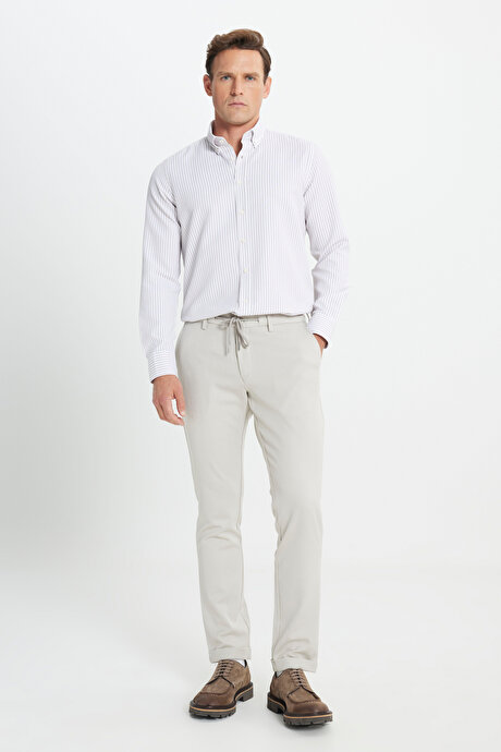 Slim Fit Dar Kesim Beli Bağlamalı Desenli Esnek Bej Pantolon resmi