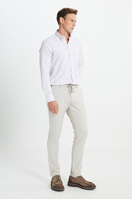 Slim Fit Dar Kesim Beli Bağlamalı Desenli Esnek Bej Pantolon resmi