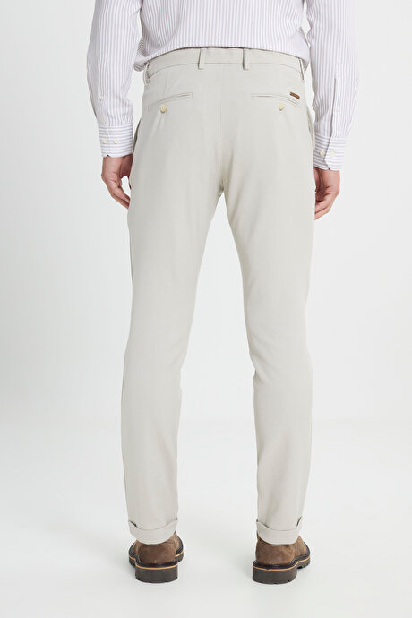 Slim Fit Dar Kesim Beli Bağlamalı Desenli Esnek Bej Pantolon resmi