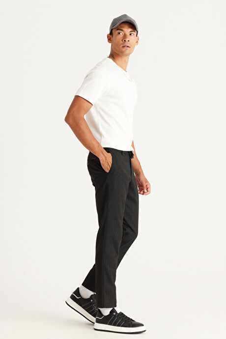 Slim Fit Dar Kesim Beli Bağlamalı Desenli Esnek Antrasit Pantolon resmi