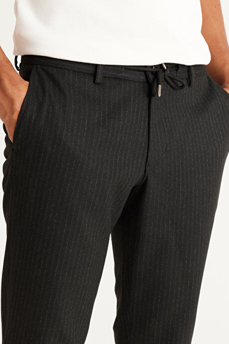 Slim Fit Dar Kesim Beli Bağlamalı Desenli Esnek Antrasit Pantolon resmi