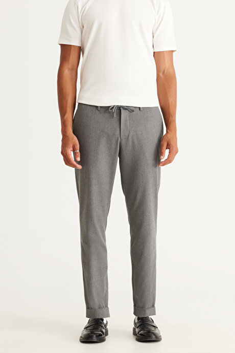 Slim Fit Dar Kesim Beli Bağlamalı Desenli Esnek Gri Pantolon resmi