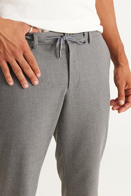 Slim Fit Dar Kesim Beli Bağlamalı Desenli Esnek Gri Pantolon resmi