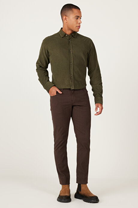 Slim Fit Dar Kesim 5 Cepli Desenli Esnek Kahverengi Pantolon resmi