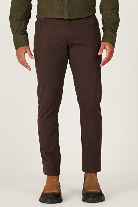 Slim Fit Dar Kesim 5 Cepli Desenli Esnek Kahverengi Pantolon resmi