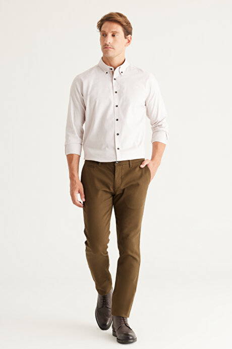 Slim Fit Dar Kesim Yan Cepli Pamuklu Esnek Haki Pantolon resmi