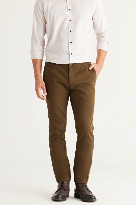 Slim Fit Dar Kesim Yan Cepli Pamuklu Esnek Haki Pantolon resmi