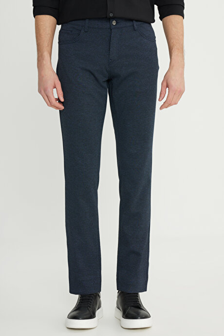 Slim Fit Dar Kesim Diagonal Desenli Yan Cep Lacivert Pantolon resmi