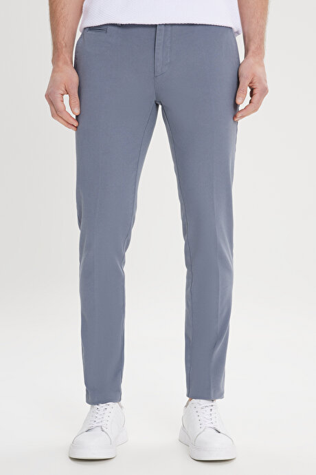 Slim Fit Dar Kesim Yan Cepli Pamuklu Esnek Armürlü Petrol Pantolon resmi
