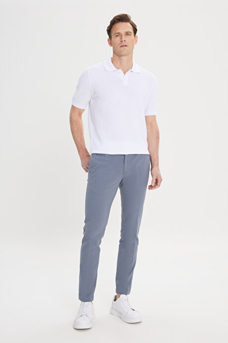 Slim Fit Dar Kesim Yan Cepli Pamuklu Esnek Armürlü Petrol Pantolon resmi