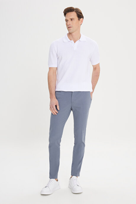Slim Fit Dar Kesim Yan Cepli Pamuklu Esnek Armürlü Petrol Pantolon resmi