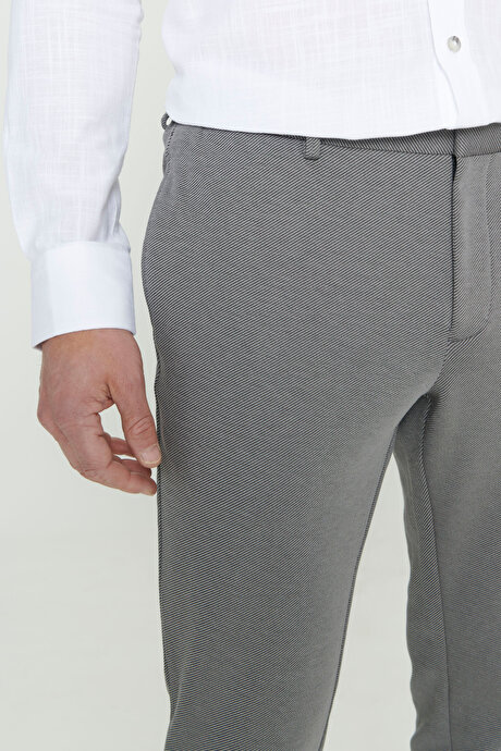 360 Derece Her Yöne Esneyen Slim Fit Dar Kesim Diagonal Desenli Beli Bağlamalı Örme Gri Pantolon resmi