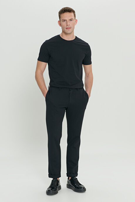 360 Derece Her Yöne Esneyen Slim Fit Dar Kesim Diagonal Desenli Beli Bağlamalı Örme Siyah Pantolon resmi